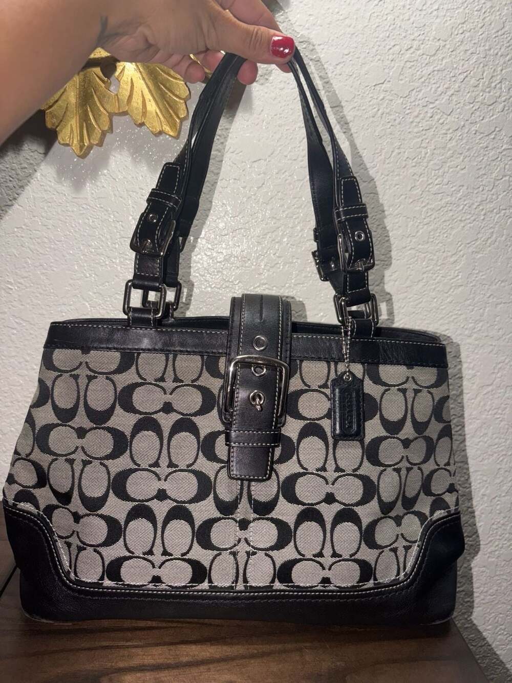 Coach Hamptons Signature Black and Grey Canvas Satchel with Buckle Detail